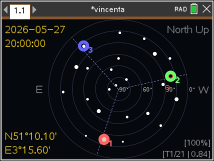 Vincenta Sky Plot screen showing triad finder tool