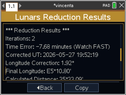Vincenta lunar distance reduction results screen